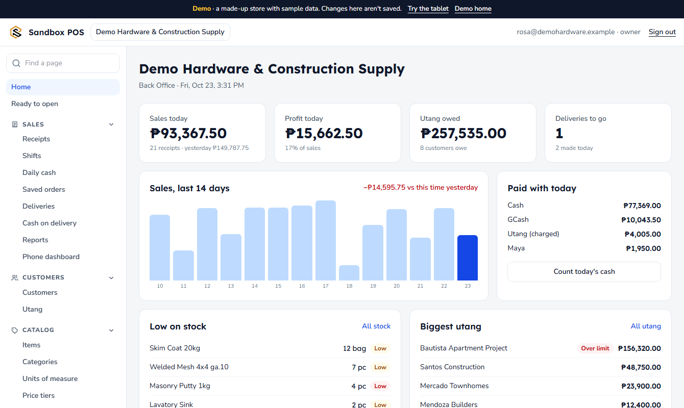 The Back Office home page: today's sales, utang and low stock