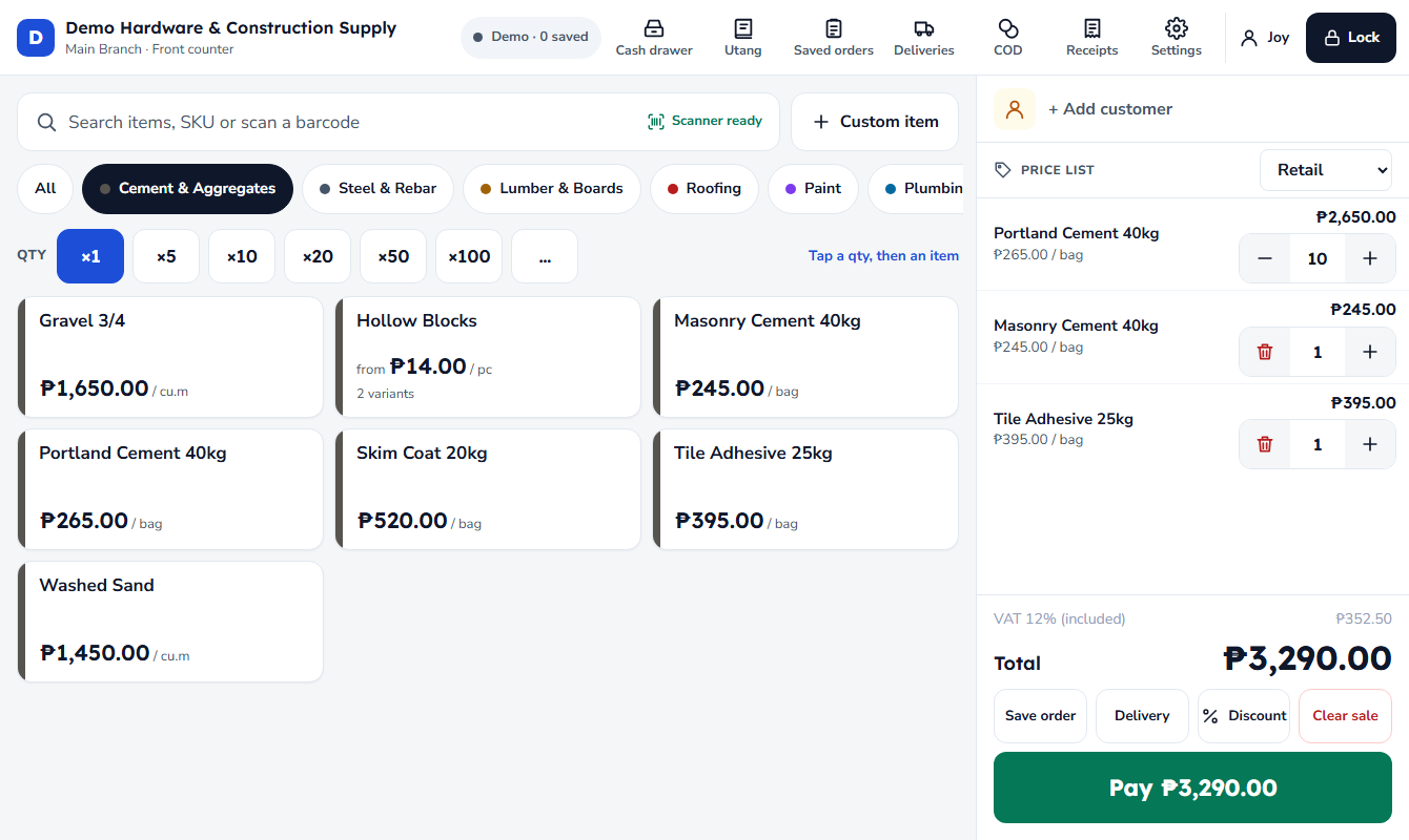 The Sandbox POS tablet: items on the left, the sale on the right